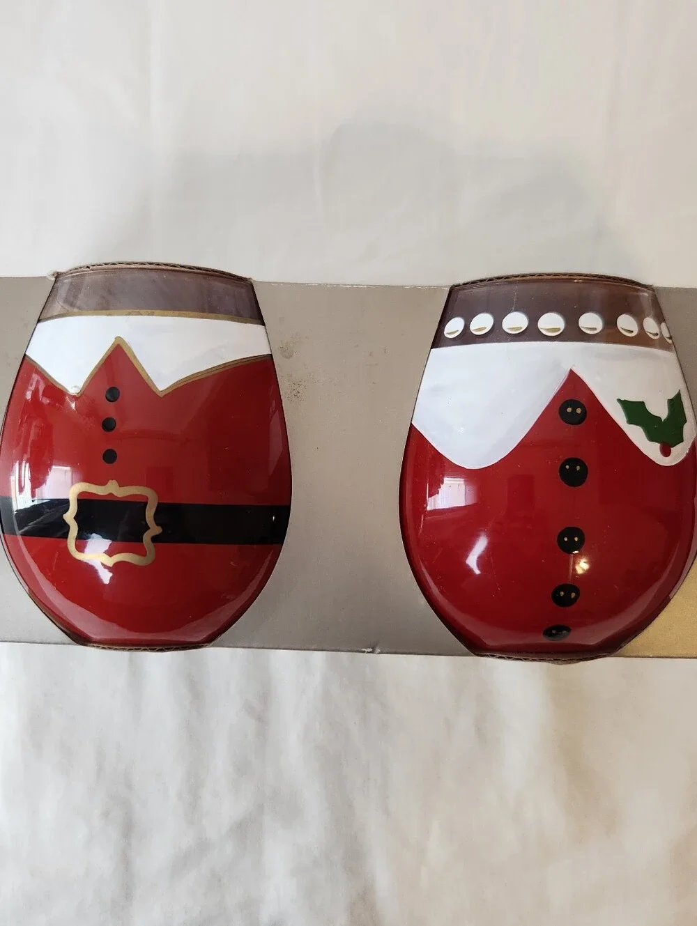 Pier 1 Hand Painted Stemless Mr & Mrs Claus Holiday Christmas Glasses NIB